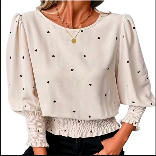 Cream heart print blouse puff - print,