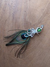 Authentic Peacock Feather Brooch Pin Silver Tone Metal Costume Jewellery