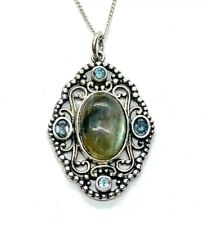 Ornate Sterling Silver Labradorite & Blue Topaz Pendant Necklace