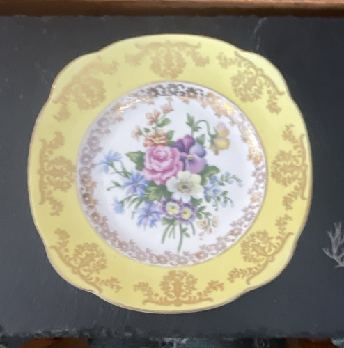 Yellow floral ceramic plate - ceramic,