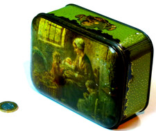 ANTIQUE TEA BISCUIT SWEETS TIN MOTHER & BABY CHILD CHILDREN CRIB COT