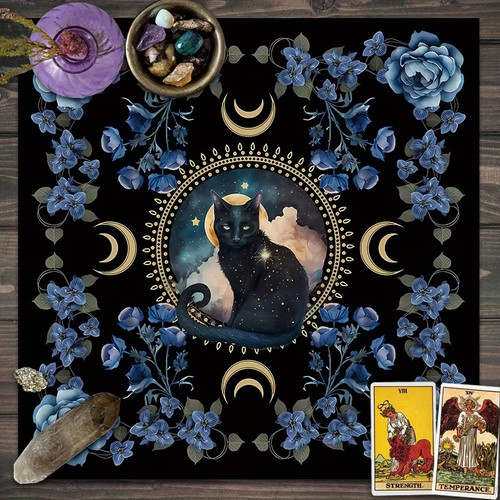 Blue flowers black cat - blue,