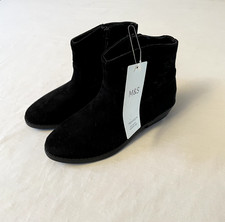 M&S Girls Black Suede Ankle Boots - UK 12 - Zip Side with Star Detailing - NWT