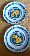 2 Floral Enamel Metal Plates hand Painted. New But Some Storage Marks See Photos