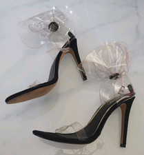 EGO Strappy High Heels Stiletto Ankle Strap Faux Suede UK8 EU41 Perspex Flower