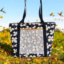 Shopping Bag Dark Blue White Flowers, Handmade Tote Bag, Shoulder Bag, Zipper