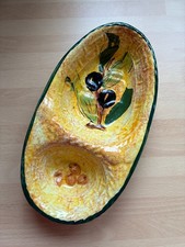 Spanish Ceramic Yellow Olive Dish Tapas Dish Oval Shape with Two Compartments
