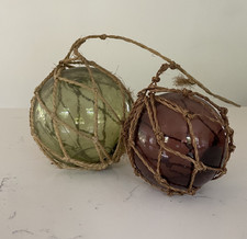 Pair Vintage Green Glass Balls Float Fisherman Buoy Rope Net red brown original