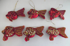 Lot Of 6 Vintage Red Sequined Beaded Ryukin Goldfish Fish Christmas Ornament