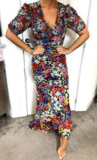 Lipsy Floral Maxi Dress 14 UK Puff Sleeve Ruched Occasion Wedding Cruise V Neck