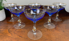 VINTAGE 1950S JOZEF STANIK COBALT BLUE GOLD COUPE CHAMPAGNE COCKTAIL GLASSES X 6