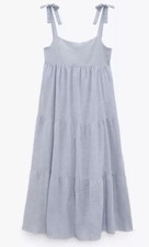 Zara Tiered Cotton Dress In Light Blue - Size Medium - Pre Owned - Free Postage