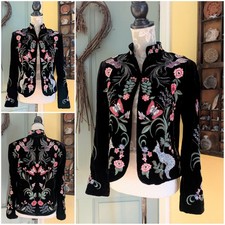 ZARA BLACK VELVET EMBROIDERED WOODLAND FLORAL FOX BIRD JACKET M BOHO HIPPY