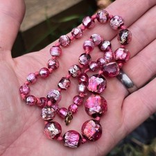 Antique Venetian Glass Beads Necklace Pink Silver foil Art Deco