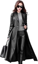 Women’s Long Black Leather Trench Coat – Elegant Matrix Style Overcoat | Gothic
