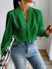 Ladies Satin Silk Long Sleeve Tee Shirts OL Work V-Neck Casual Loose Blouse Tops
