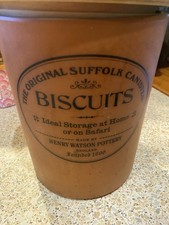 Henry Watson Original Suffolk Pottery Biscuit Tin 20 Cm Pre-owned Wooden Top