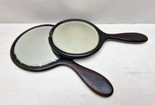 Pair Antique Real Ebony Wood Hand Mirrors Round Oval Bevelled Early 20th Century