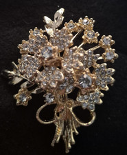 Flower Bouquet Brooch with Clear Rhinestone Gold Tone Vintage Inspired