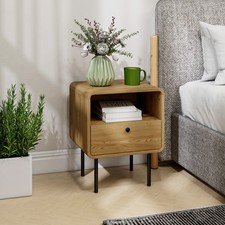 Bedside Table, Narrow Bedside Cabinet with Drawer and Open Shelf, Oak