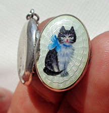 ANTIQUE SOLID SILVER & GUILLOCHE ENAMEL KITTEN & BOW LOCKET & TIFFANY & CO CHAIN
