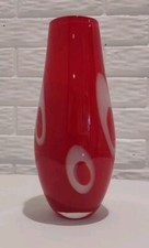 Cased Glass Vase Hand Blown Red With White Oval Circles 11" Tall