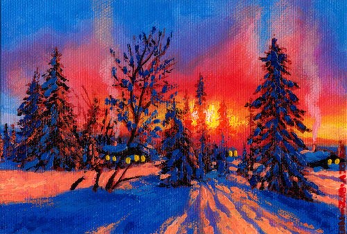 Winter sunset iii original - sunset, oil