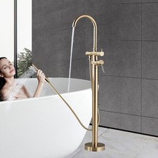 Brushed Gold Freestanding Bath Taps Floor Mounted Bath Mixer Taps w/ABS Handheld