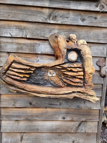 Chainsaw carved owl plaque - chainsaw,