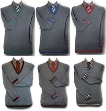Grey WOOLLEN School Uniform Jumpers Many Trim Colours - Trim At Neck Cuffs Welt