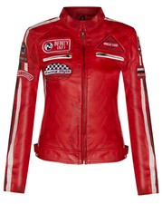 Womens Red Leather Biker Jacket Retro Casual Zipped Racing Moto Badges