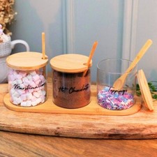 Hot Chocolate Station Set 3pc Christmas Cocoa Wooden Glass Jars Kitchen Storage