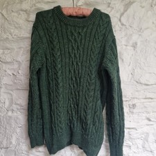 WOOLOVERS Womens Jumper 100% Wool Bottle Green Cable Knit Size L