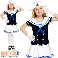 Sailor Girls Fancy Dress Marine Navy Uniform Kids Childrens Childs Costume + Hat