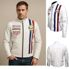 Men Steve McQueen Style driver Heuer Motorbike Jacket Genuine Leather Motorcycle