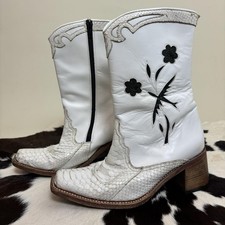 Vintage White Snake Skin Cowboy Western Ankle Boots Boho 70s Style UK 5