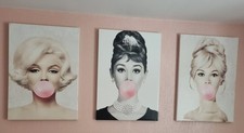 Hepburn Monroe Bardot Pink bubble-gum Wall Art Canvasses (all 3) 70cm x 50cm 
