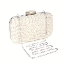 Women'S Elegant Silver  Artificial Pearl Clutch Bag with Detachable Chain Strap 