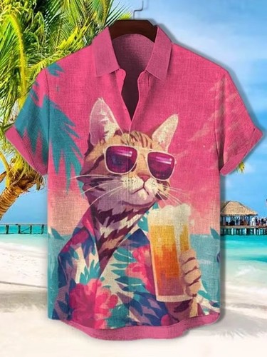 Mens button down pink cat - button,