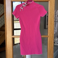 BNWOT Zara Pink Oriental Style Bodycon Mini Dress Size Small high neck green bow