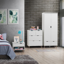 3-Piece White Bedroom Set Scandinavian 2+2 Drawers Wardrobe Bedside Table