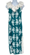 MAMO HOWELL Hawaiian Dress Teal Green Floral Ruffle Slit Aloha Tropical Women 12