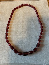 ANTIQUE VINTAGE 30”  80.6g CHERRY AMBER BAKELITE BEADS, BARREL SHAPE NECKLACE  
