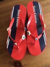 Brand New Juicy Couture Flip Flops Wedge  Red Navy Flowers Size 7 Uk