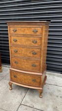 Vintage Classic Antique Style 1950s Burr Walnut Tallboy With 5 Drawers