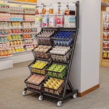 Metal Snack Retail Display Rack Market Vegetable＆Fruit Organizer 4-Tier w/ Hooks