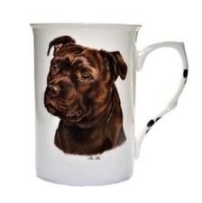 HAND DECORATED SINGLE BONE CHINA BEAKER/ MUG STAFFIE BRINDLE dog 