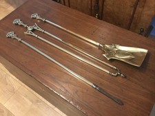 A QUALITY SET OF ANTIQUE, ART NOUVEAU BRASS FIRE IRONS CIRCA-1890.