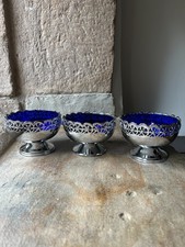3 x Vintage Celtic Footed Bowls – Cobalt Blue Glass with Pierced Metal Holders
