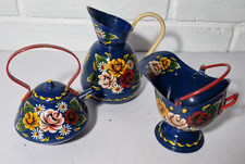 CANAL BARGE WARE FOLK ART PAINTED METAL TRIO MINIATURE KETTLE JUG COAL SCUTTLE